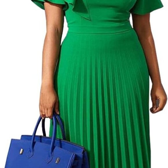 Dresses & Skirts - Women's Short Sleeve Asymmetrical Ruffles High Waist Pleated Hem Midi Spring Dre